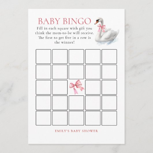 Swan Bingo Baby shower Game Kaart (Voorkant)