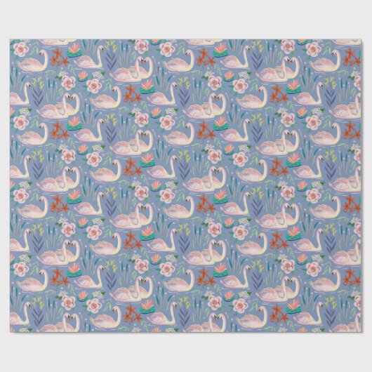 Swan Birds Floral Botanical Blue Pattern Cadeaupapier (Vlak)