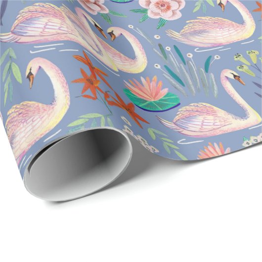 Swan Birds Floral Botanical Blue Pattern Cadeaupapier (Rol Hoek)