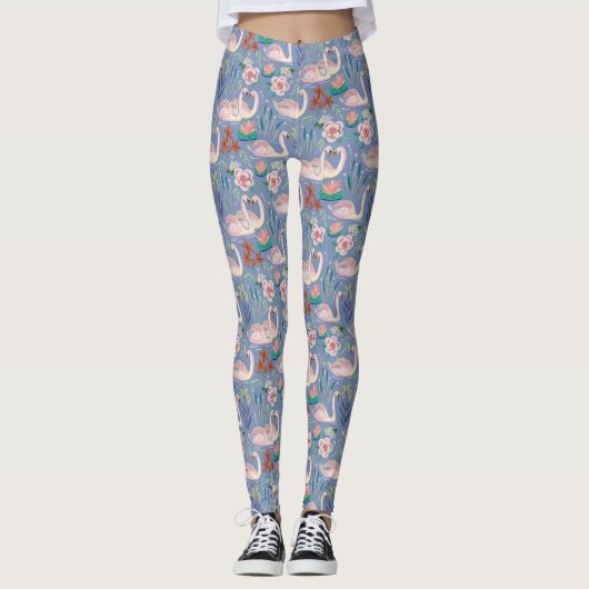 Swan Birds Floral Botanical Blue Pattern Leggings (Voorkant)