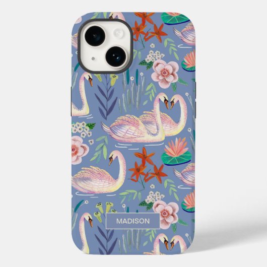 Swan Birds Floral Botanical Blue Pattern Name Case-Mate iPhone Case (Achterkant)