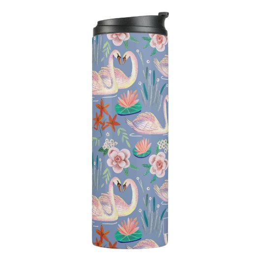 Swan Birds Floral Botanical Blue Pattern Name Thermosbeker (Gedraaid links)