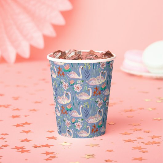 Swan Birds Floral Botanical Blue Pattern Papieren Bekers (Insitu)