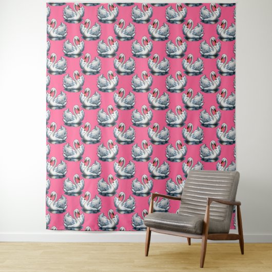 Swan Birds Pattern Design On Pink Wandkleed (In situ)