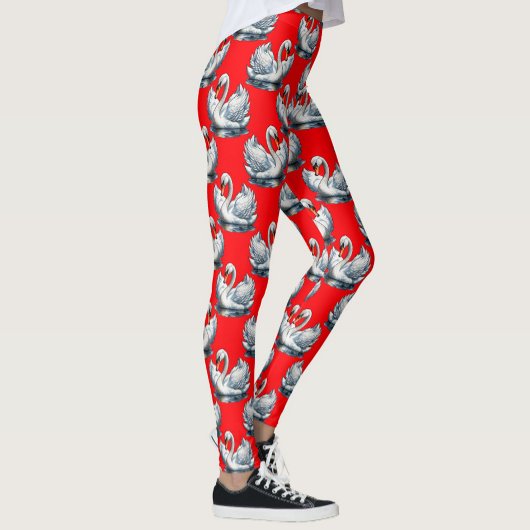 Swan Birds Pattern Design on Red Leggings