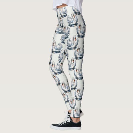 Swan Birds Pattern Design on White  Leggings