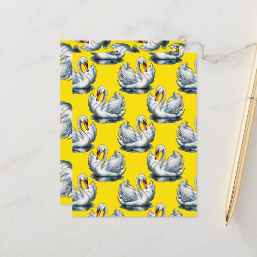 Swan Birds Pattern Design On Yellow  Briefkaart (Voorkant / Achterkant in situ)