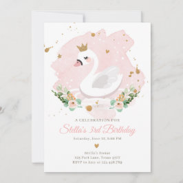 Swan Birthday Invitation Girl Princess Pink Gold Kaart