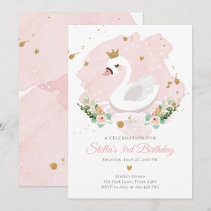 Swan Birthday Invitation Girl Princess Pink Gold Kaart