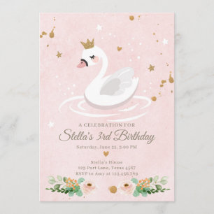Swan Birthday Invitation Girl Princess Pink Gold Kaart