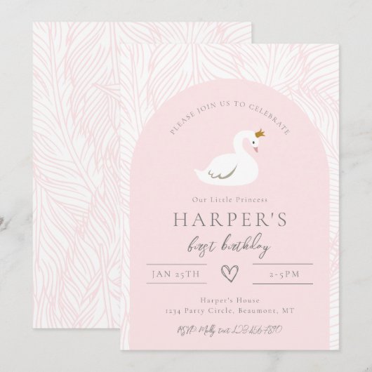 Swan Birthday Uitnodiging | Uitnodigingen van Swan (Voorkant / Achterkant)