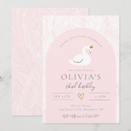 Swan Birthday Uitnodiging | Uitnodigingen van Swan (Voorkant / Achterkant)