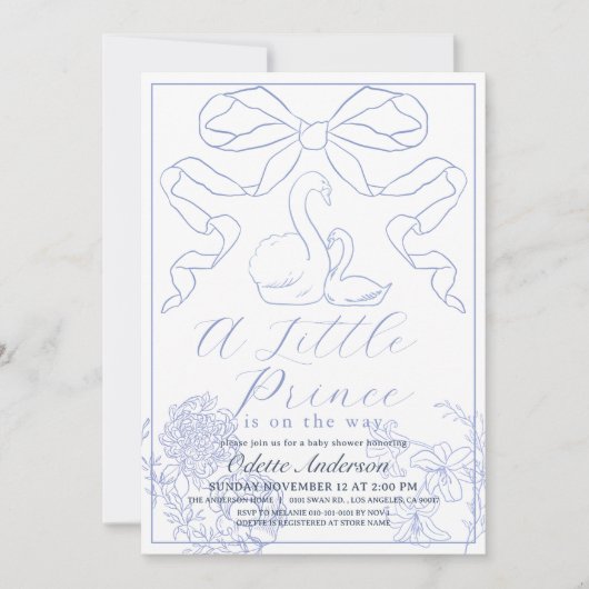 Swan Blue Toile de Jouy Boy Baby shower Kaart (Voorkant)