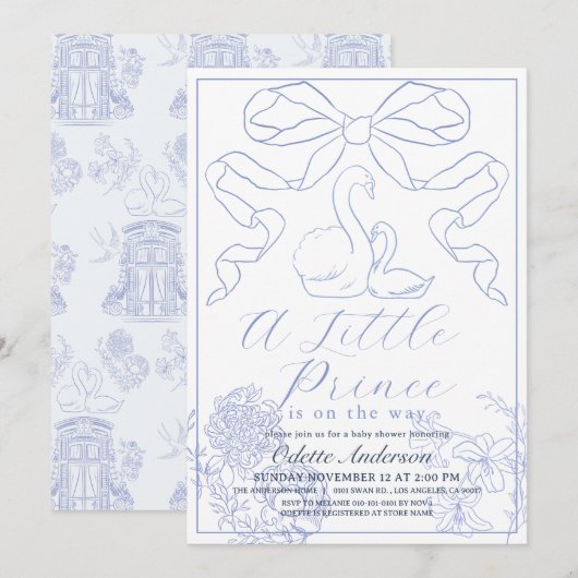 Swan Blue Toile de Jouy Boy Baby shower Kaart (Voorkant / Achterkant)