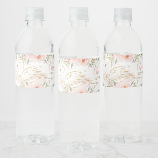 Swan Blush Bloemen Baby shower Verjaardagsfeestje Waterfles Etiket (Flessen)