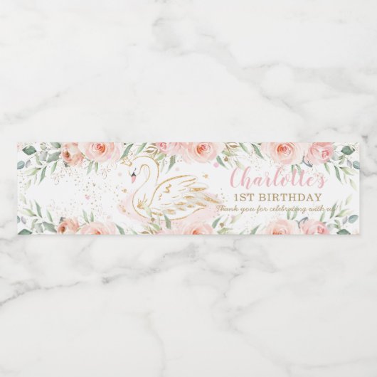 Swan Blush Bloemen Baby shower Verjaardagsfeestje Waterfles Etiket (Enkel label)
