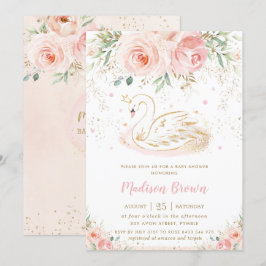 Swan Blush Pink Floral Gold Girl Baby shower Kaart