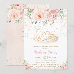 Swan Blush Pink Floral Gold Girl Baby shower Kaart