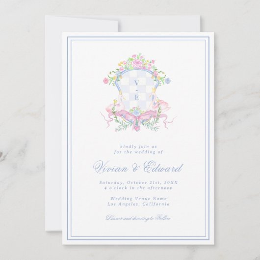 Swan Crest Monogram Coastal Blue Wedding Kaart (Voorkant)