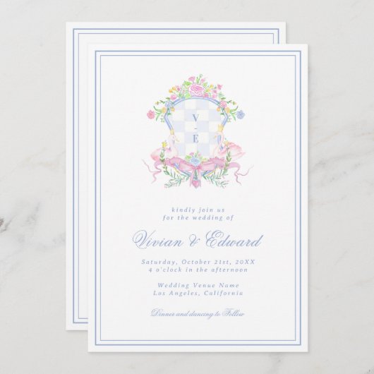 Swan Crest Monogram Coastal Blue Wedding Kaart (Voorkant / Achterkant)