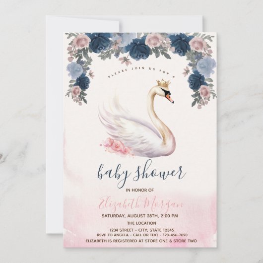 Swan Crown Flowers Roze Strepen Baby shower Kaart (Voorkant)
