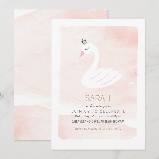 Swan Elegant Pink Birthday Uitnodiging (Voorkant / Achterkant)