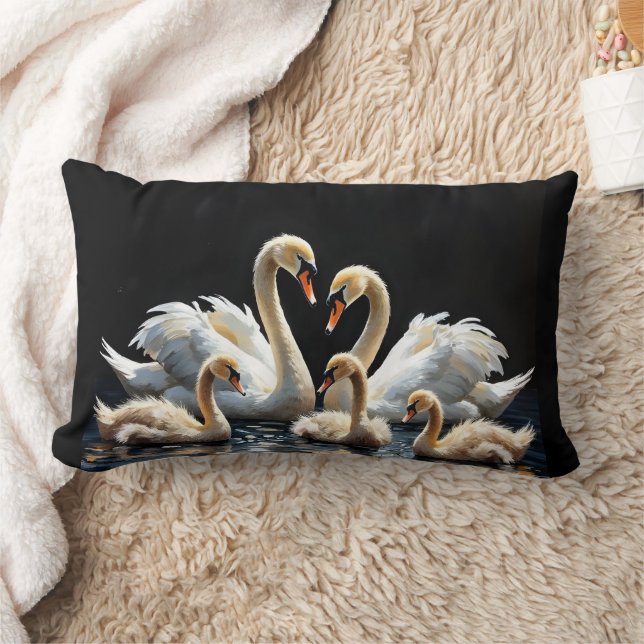Swan Family on Black Lake Artwork Kussen (Deken)