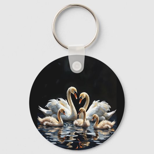Swan Family on Black Lake Artwork Sleutelhanger (Voorkant)
