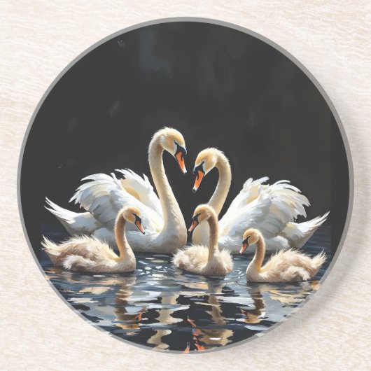 Swan Family on Black Lake Artwork Zandsteen Onderzetter (Voorkant)