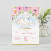 Swan Floral Baby shower Invitation Girl Kaart (Staand voorkant)