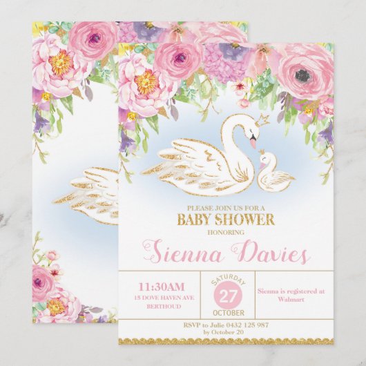 Swan Floral Baby shower Invitation Girl Kaart (Voorkant / Achterkant)