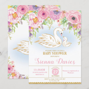 Swan Floral Baby shower Invitation Girl Kaart