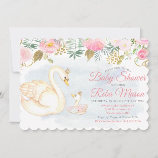 Swan Floral Baby shower Invitation Kaart (Voorkant)