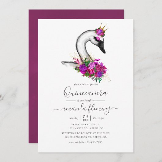 Swan Floral Quinceanera Kaart (Voorkant / Achterkant)