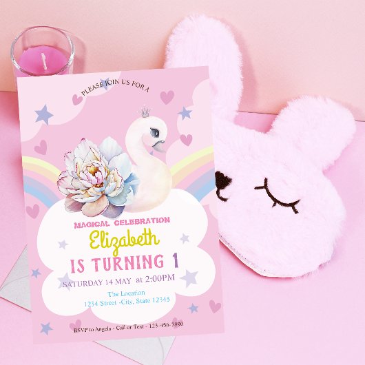 Swan Flower Crown Rainbow Hearts Stars Birthday Kaart