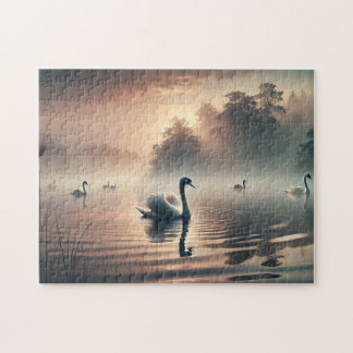 Swan Foggy Lake Sunrise Tranquil Nature Legpuzzel