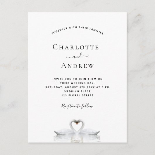 Swan koppel verliefd op witte bruiloft uitnodiging briefkaart (Voorkant)