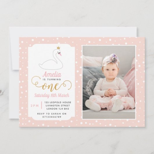 Swan Lake Girls 1st Birthday Invitation Kaart (Voorkant)