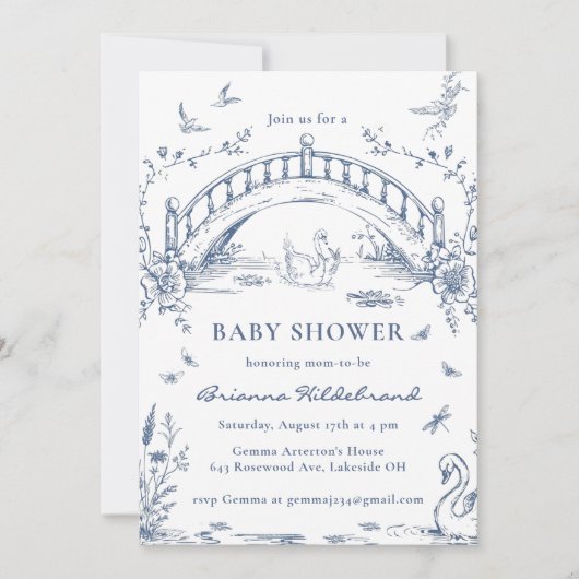 Swan Lake Toile Chinoiserie Baby Shower Invitation Kaart (Voorkant)