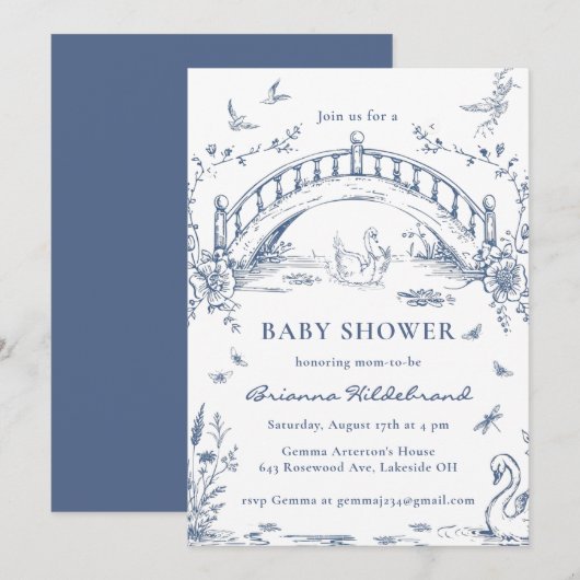 Swan Lake Toile Chinoiserie Baby Shower Invitation Kaart (Voorkant / Achterkant)