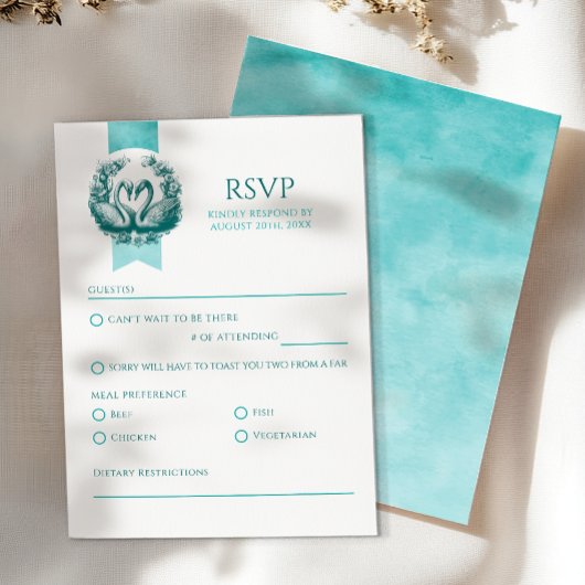 Swan Lake Wedding RSVP Kaart | Blauwgroen Torteldu