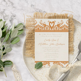 Swan Love Bird Coral & Ivory Damask Wedding Invite Kaart