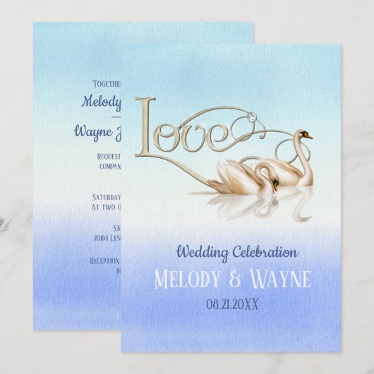 Swan Love Elegance bruiloft uitnodiging (Voorkant / Achterkant)