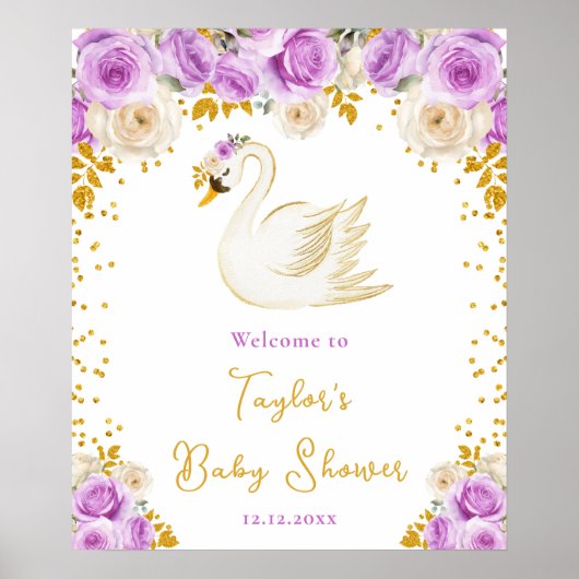 Swan Paarse en gouden Rozen Baby shower Welkom Poster (Voorkant)