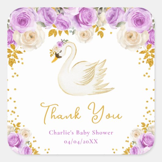 Swan Paarse gouden Rozen Baby shower dank u Vierkante Sticker (Voorkant)