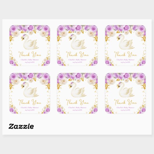 Swan Paarse gouden Rozen Baby shower dank u Vierkante Sticker (Vel)
