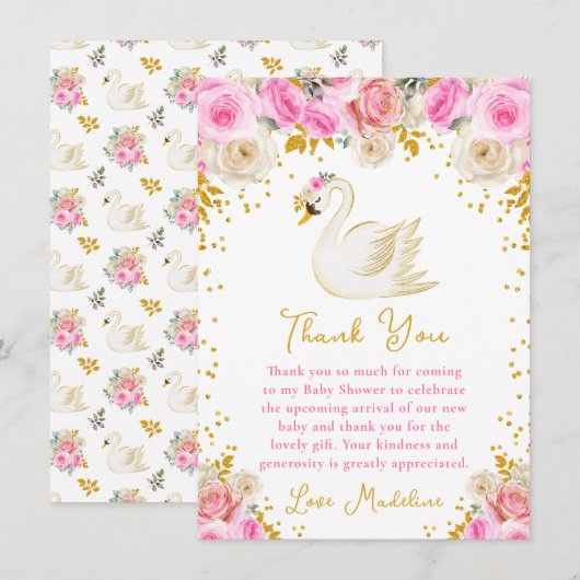 Swan Pink and Gold Roses Baby Shower Bedankkaart (Voorkant / Achterkant)