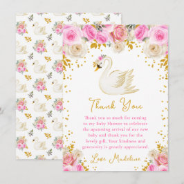 Swan Pink and Gold Roses Baby Shower Bedankkaart