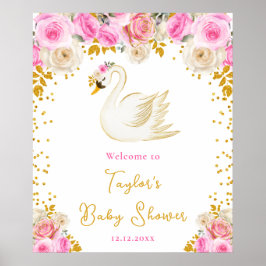 Swan Pink and Gold Roses Baby Shower Welcome Poster