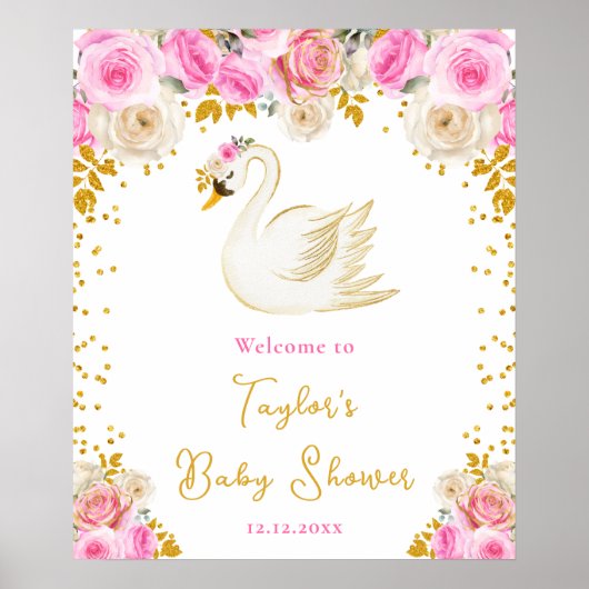 Swan Pink and Gold Roses Baby Shower Welcome Poster (Voorkant)